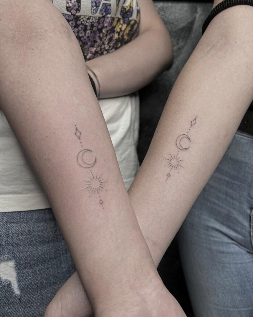 Delicate Moon, Sun, and Star Matching Tattoos for Best Friends Tattoo Design