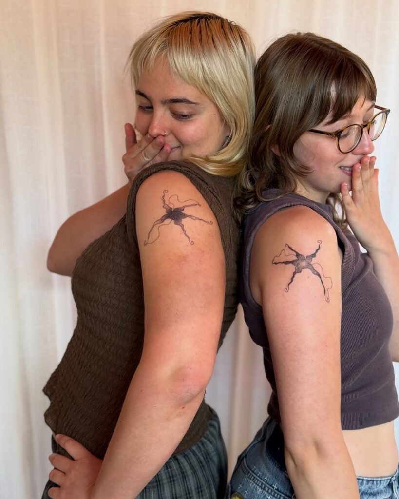 Matching Stipple-Shaded Bloom Tattoos for Best Friends Tattoo Design