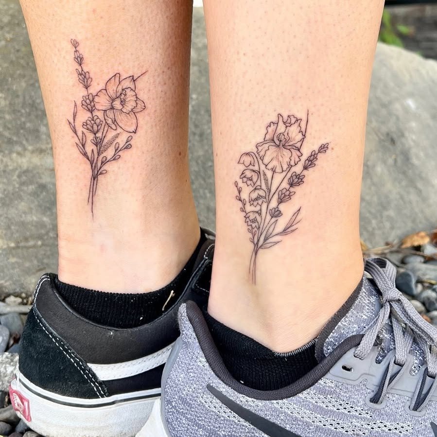 Matching Sunflower Tattoos with Uplifting Words Tattoo Design