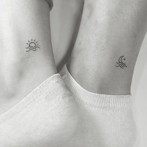 Minimalist Sun and Moon with Waves Ankle Tattoos for Best Friends Tattoo Design