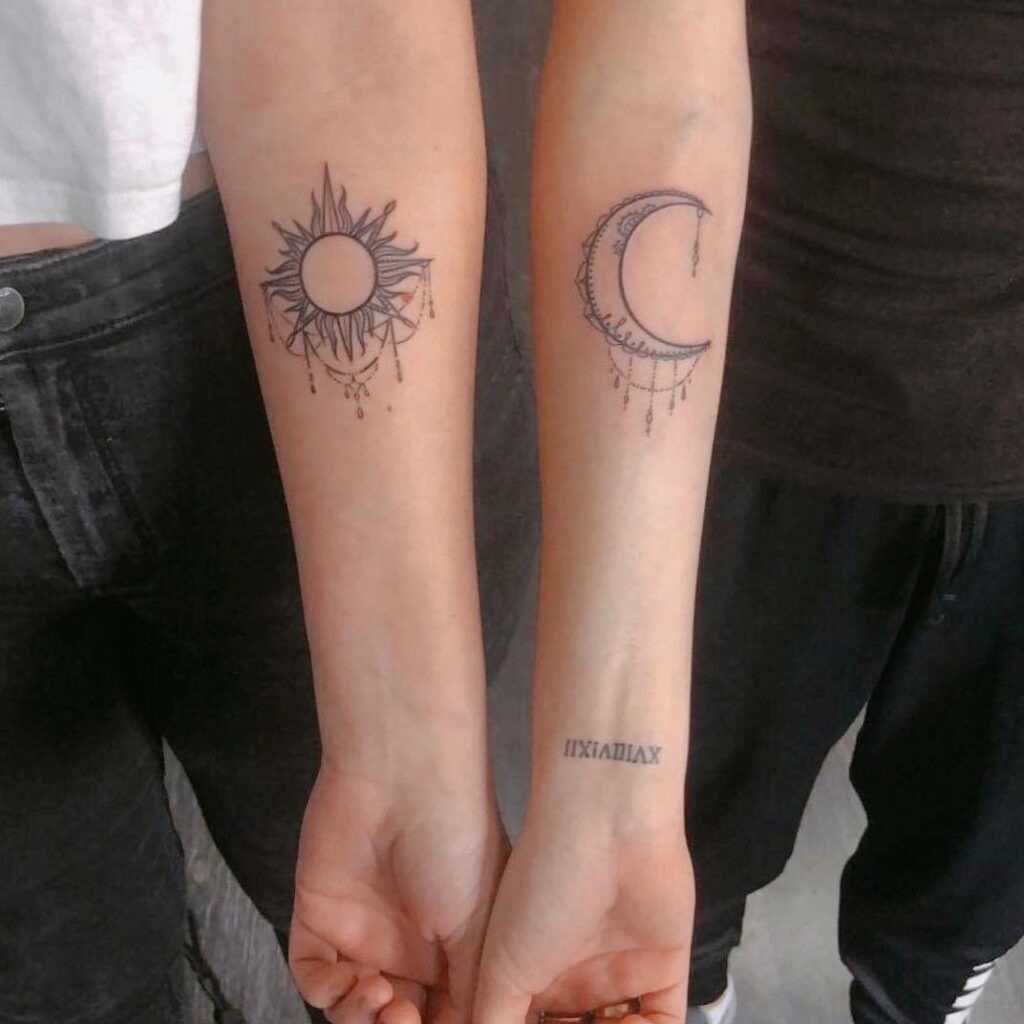 Ornamental Sun and Moon Tattoos for Best Friends Tattoo Design