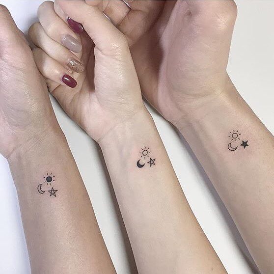 Trio Sun, Moon, and Star Wrist Tattoos for Best Friends Tattoo Design