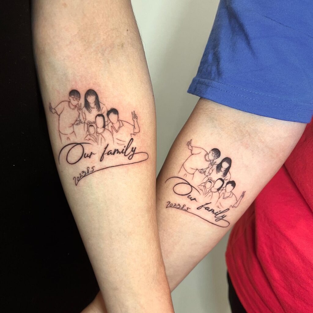 Matching Family Portrait Tattoo with "Our Family" Script Tattoo Design
