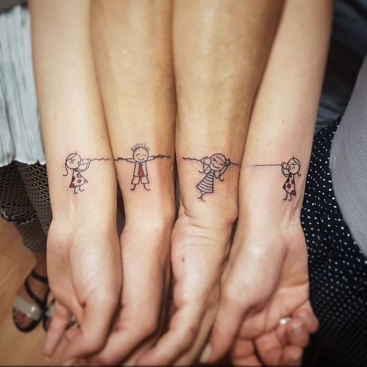 Matching Family Stick Figure Tattoo with String Connection Tattoo Design