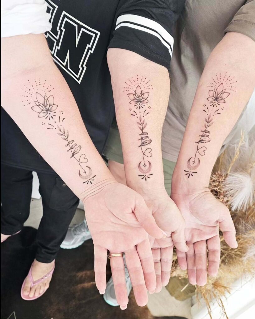 Matching Floral Moon and Heart Tattoos Tattoo Design