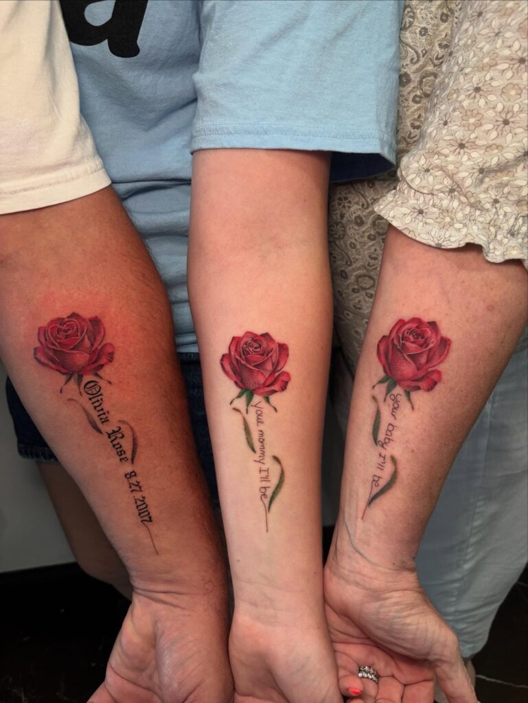 Matching Red Rose Family Tattoos with Script Tattoo Design