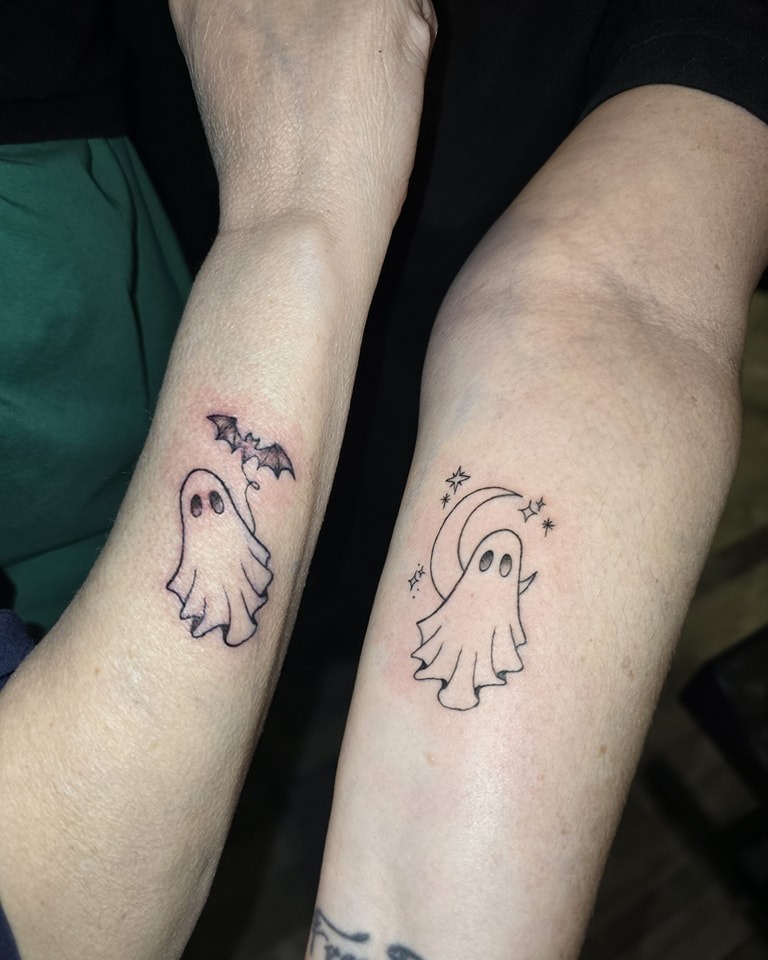 Ghost Tattoos with Bat and Moon Accents Tattoo Design