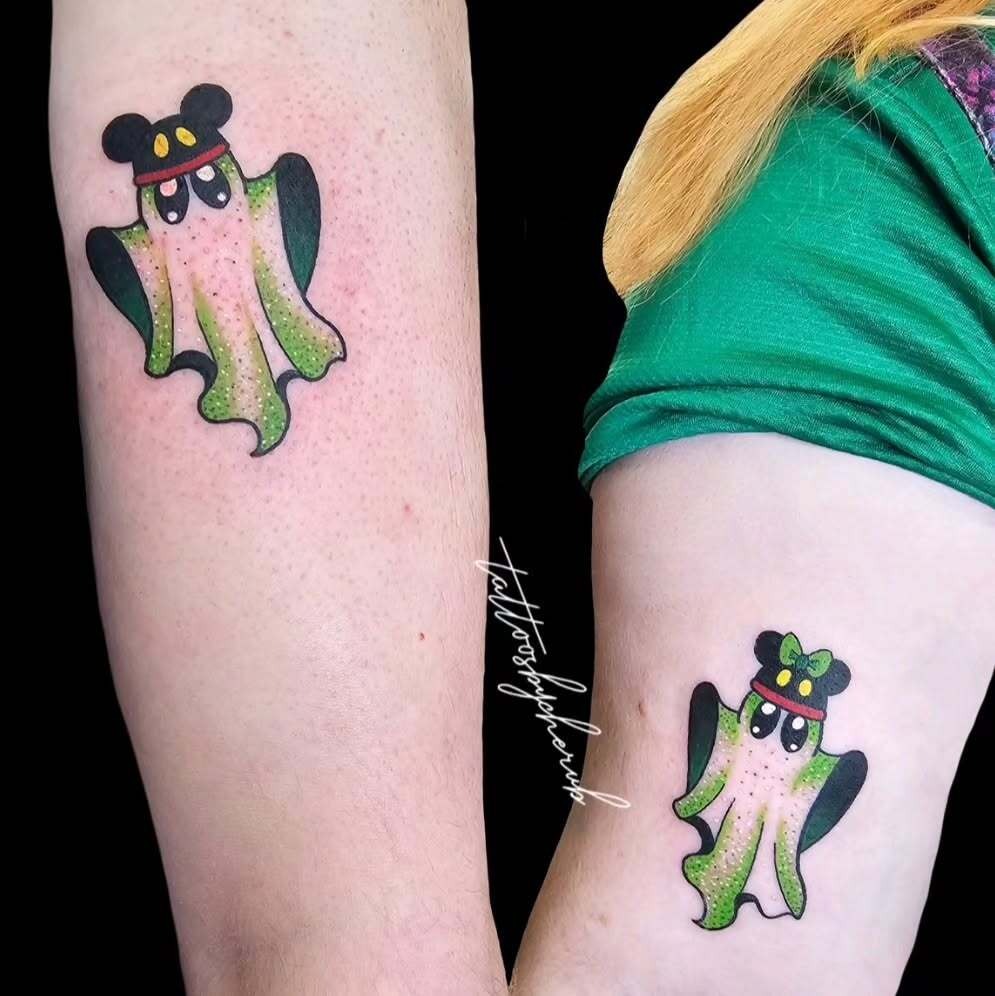 Green Ghost Tattoos with Mouse Ears Hats Tattoo Design
