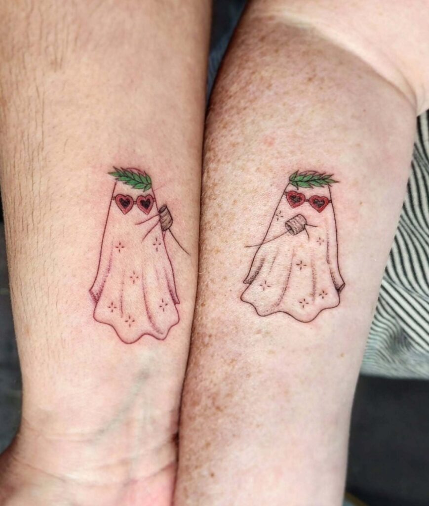 Matching Anti-Hero Ghost Tattoos with Heart Glasses Tattoo Design
