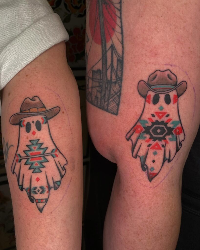 Matching Cowboy Ghost Tattoos with Southwestern Patterns Tattoo Design
