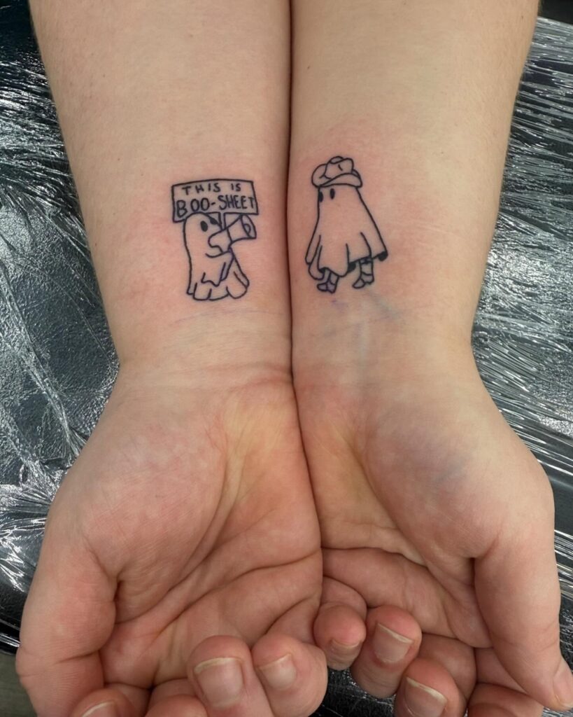 Matching Funny Ghost Tattoos with Signs and Outfits Tattoo Design
