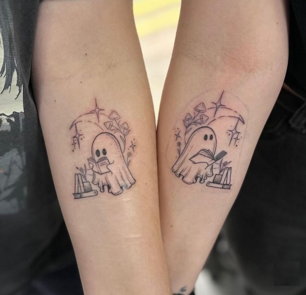 Matching Ghost Tattoos with Books and Moon Tattoo Design