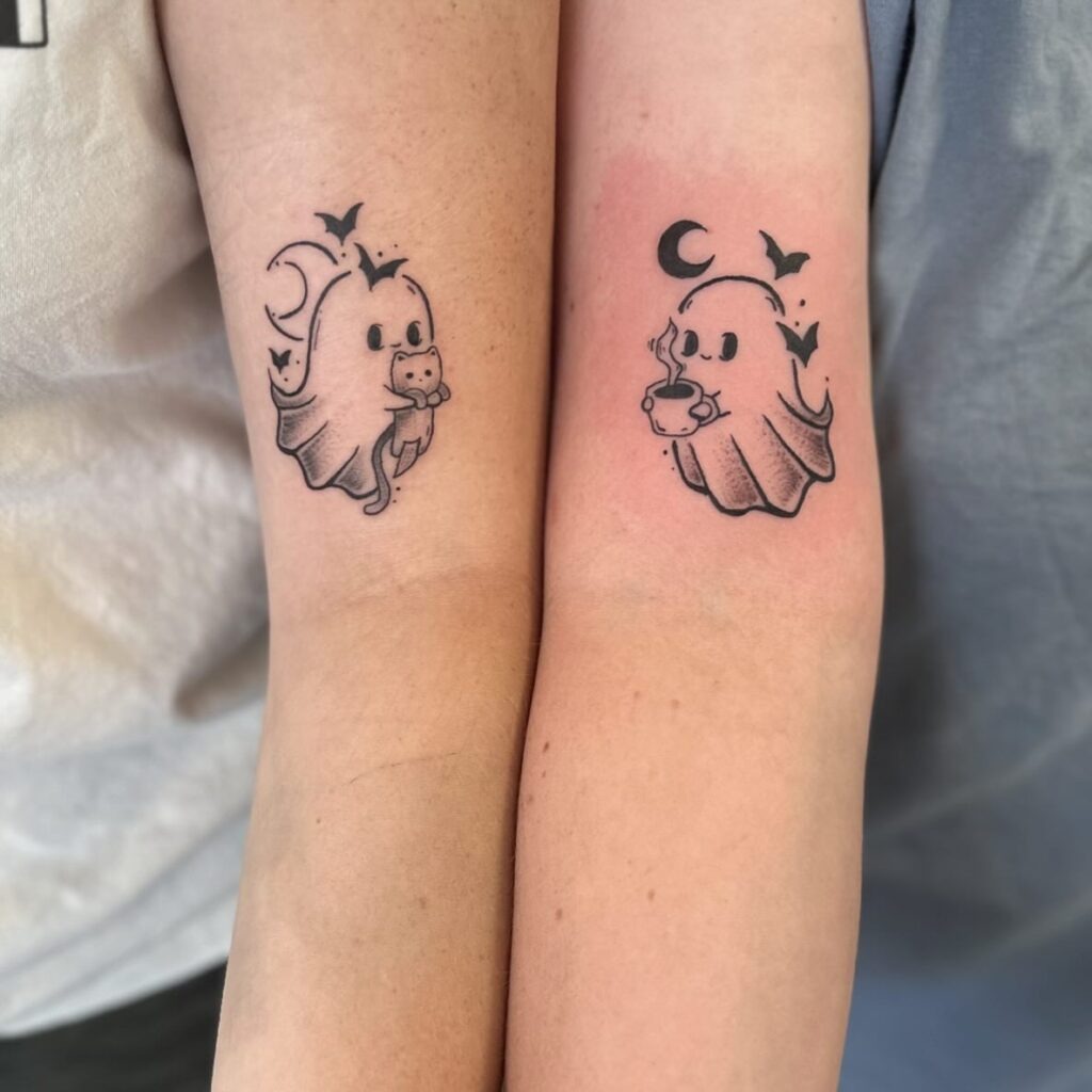 Matching Ghost Tattoos with Cat and Coffee Tattoo Design