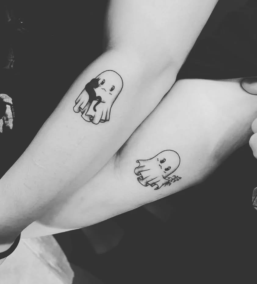 Matching Ghost Tattoos with Cat and Flower Tattoo Design