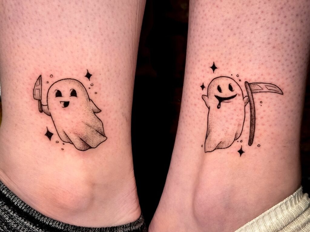 Matching Ghost Tattoos with Knife and Scythe Tattoo Design