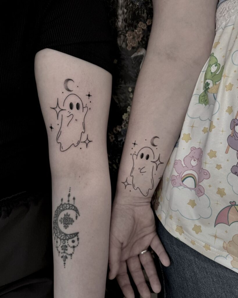 Matching Ghost Tattoos with Moon and Stars Tattoo Design