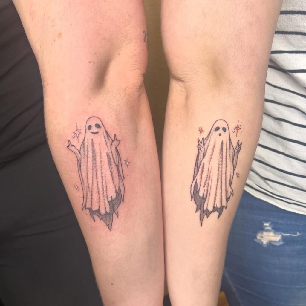 Matching Ghost Tattoos with Peace Sign and Middle Finger Tattoo Design