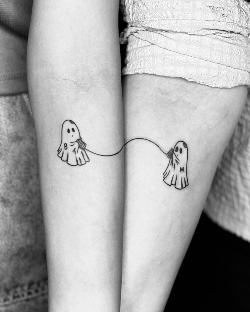 Matching Ghost Tattoos with Personalized Tin Can Phone Tattoo Design