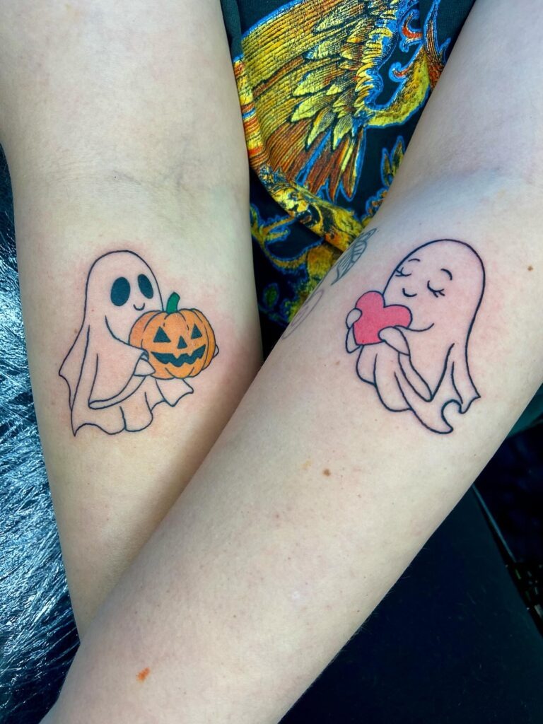 Matching Ghost Tattoos with Pumpkin and Heart Tattoo Design