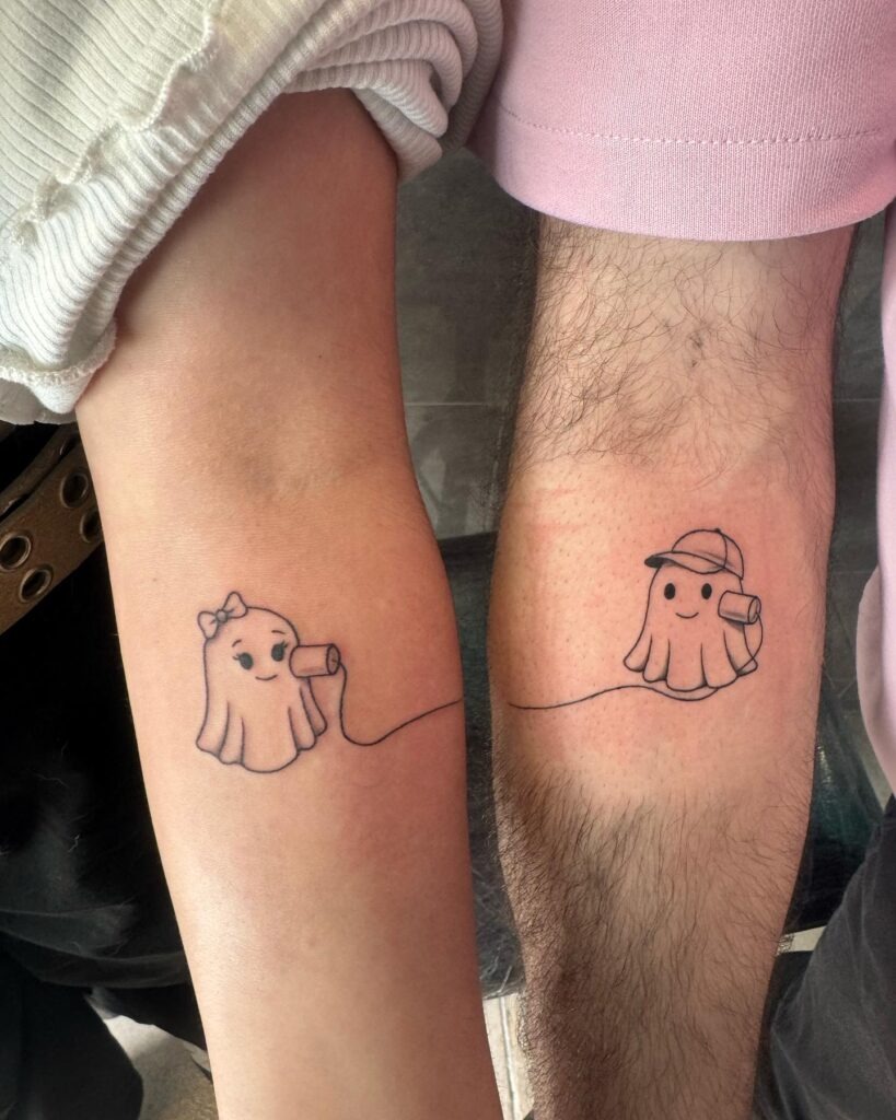 Matching Ghost Tattoos with Tin Can Phone Connection Tattoo Design