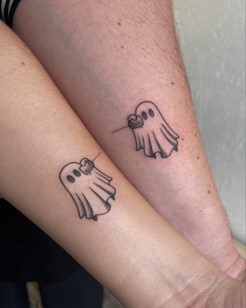 Matching Ghost Tattoos with Tin Can Phone Tattoo Design