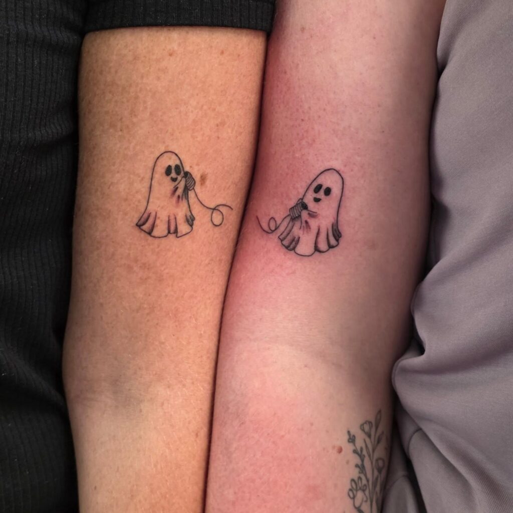 Matching Ghost Tattoos with Tin Can Phones Tattoo Design