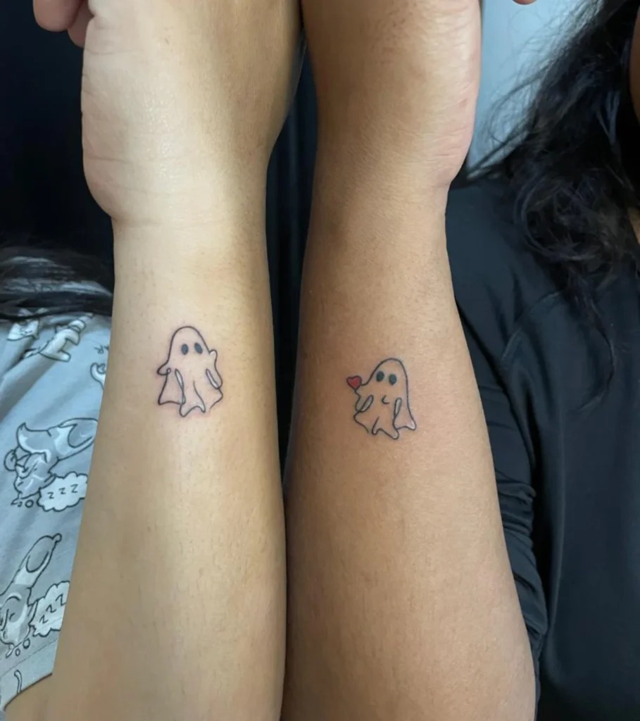 Matching Ghost Tattoos with Tiny Red Heart Tattoo Design