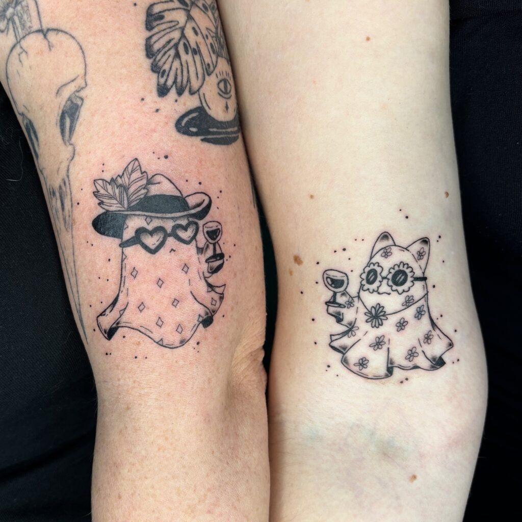 Matching Ghost Tattoos with Wine Glasses Tattoo Design
