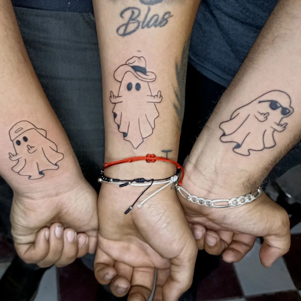 Matching Trio Ghost Tattoos with Middle Fingers Tattoo Design