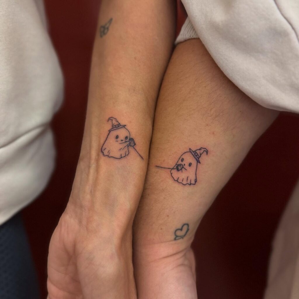 Matching Witch Hat Ghost Tattoos with Tin Phone Tattoo Design