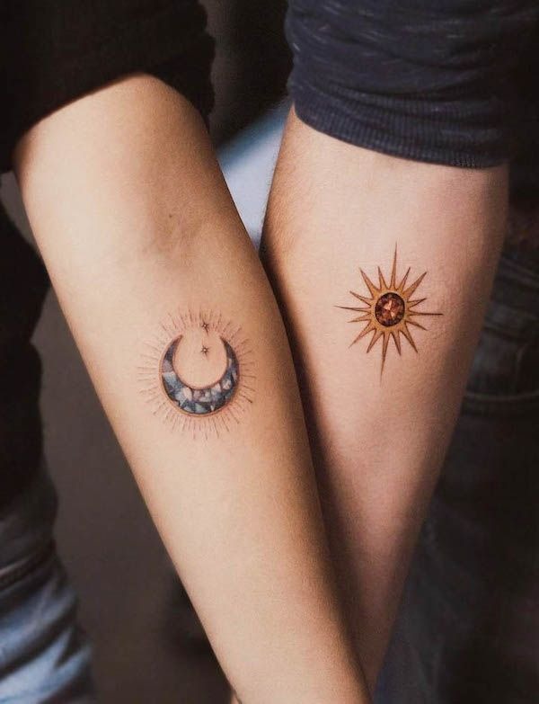 Colorful Sun and Moon Tattoos with Star Accents Tattoo Design