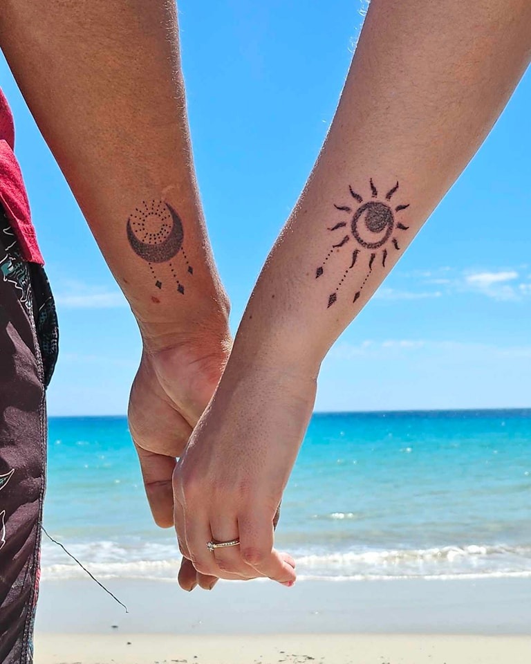 Dotwork Sun and Moon Tattoos with Elegant Details Tattoo Design
