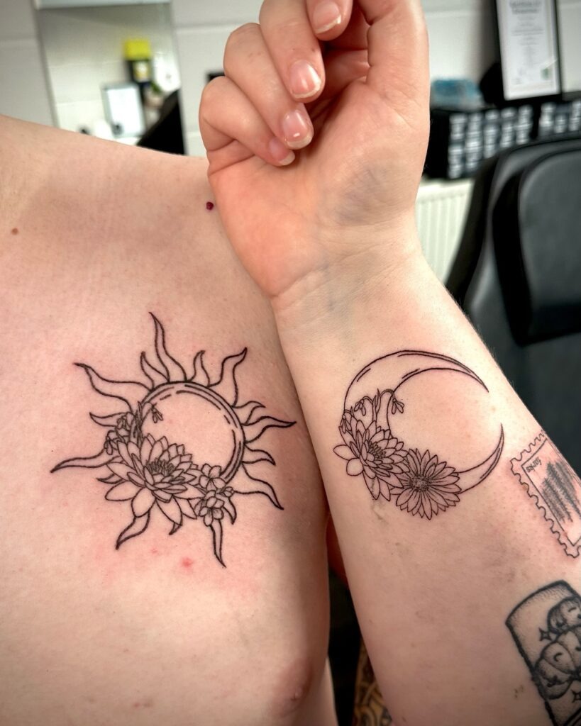 Floral Sun and Moon Tattoos with Bold Outlines Tattoo Design