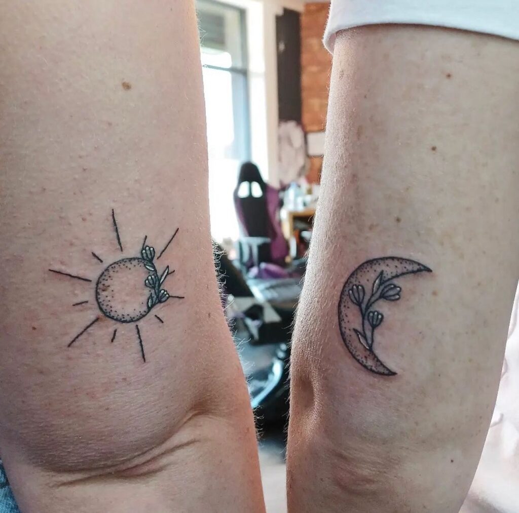 Floral Sun and Moon Tattoos with Gentle Symbolism Tattoo Design