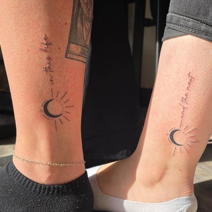 Matching Sun and Moon Ankle Tattoos with Meaningful Script Tattoo Design