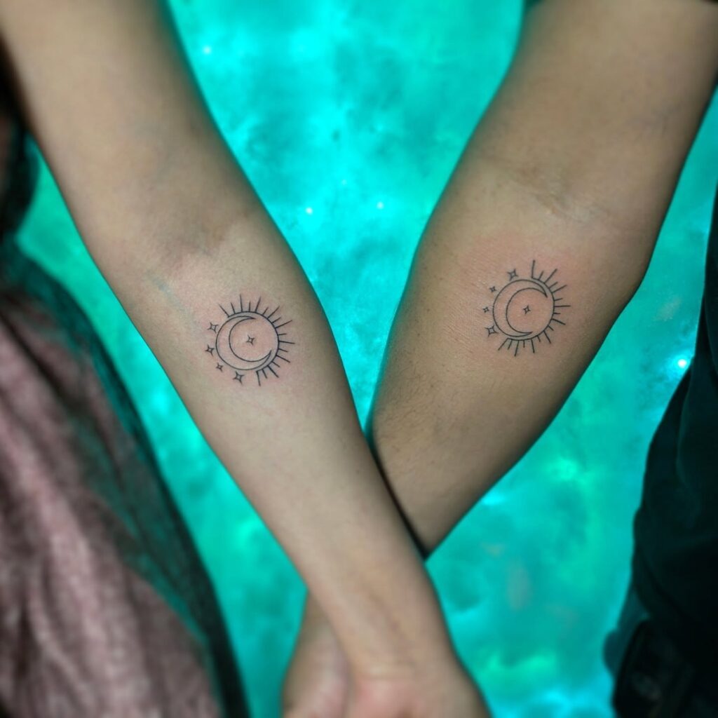 Matching Sun and Moon with Stars Tattoos Tattoo Design