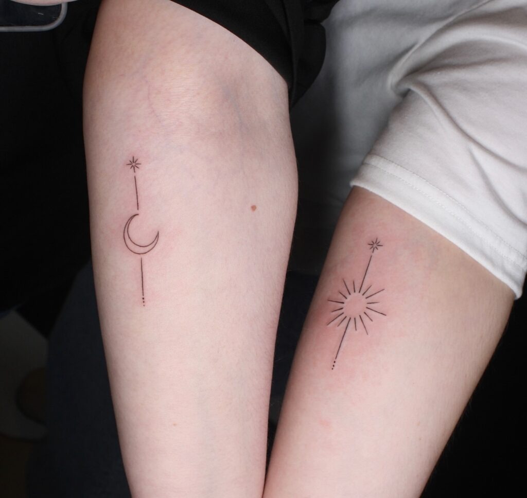 Minimal Star-Lined Sun and Moon Tattoos Tattoo Design