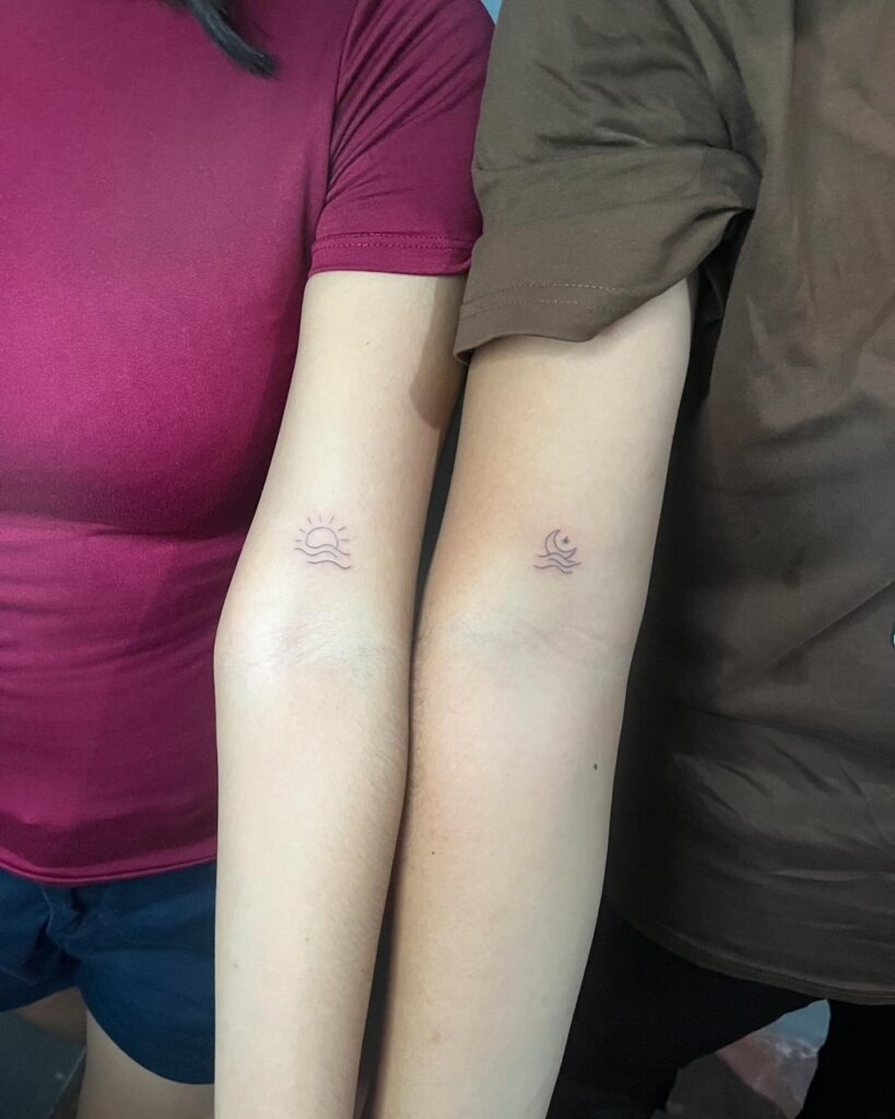 Minimal Sun and Moon with Waves Tattoos Tattoo Design