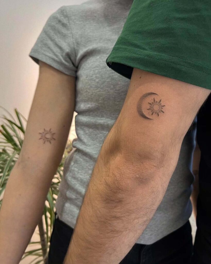 Shaded Sun and Moon Couple Tattoos Tattoo Design