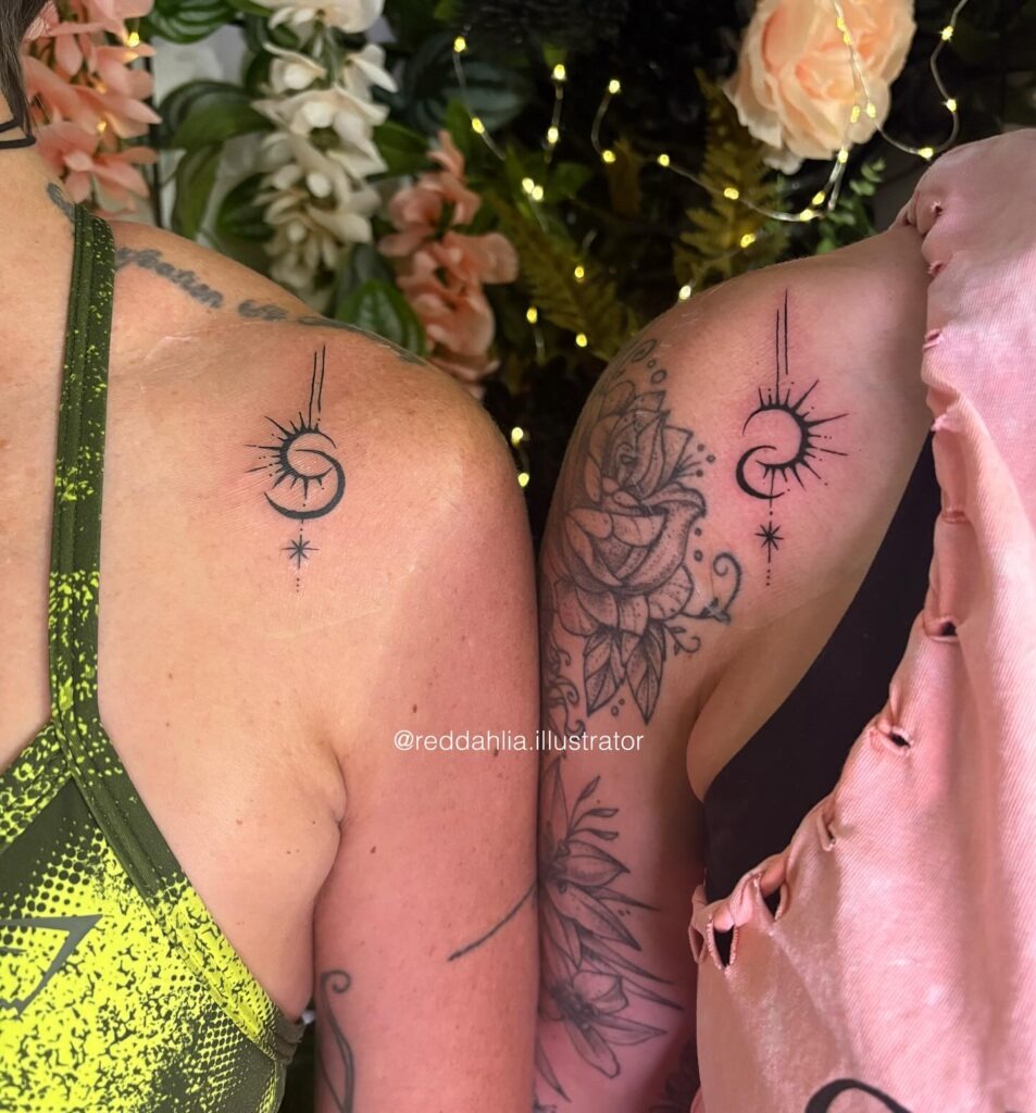Shoulder Sun and Moon with Starburst Tattoos Tattoo Design