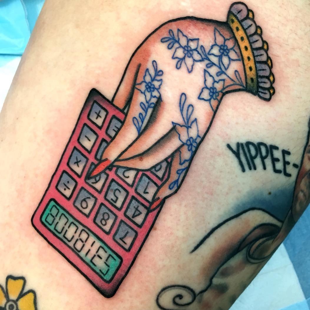 Calculator Hand Tattoo with Floral Details Tattoo Design