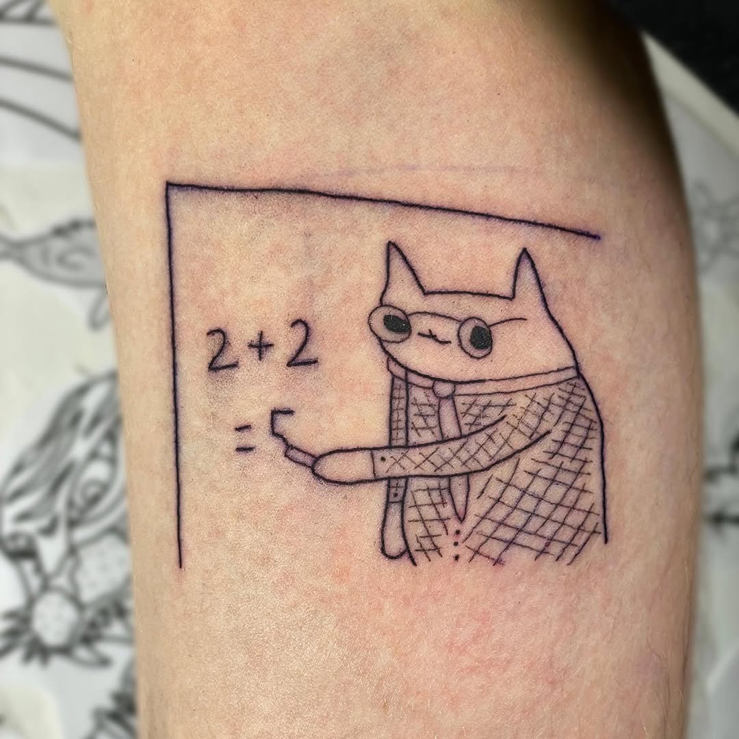Whimsical cat illustrating a math problem Tattoo Design