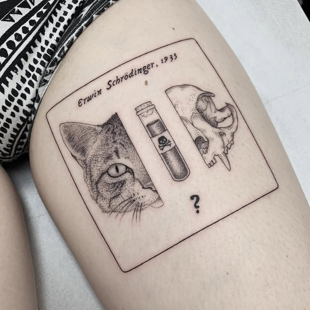 Whimsical Schrodinger's Cat Illustration Tattoo Tattoo Design