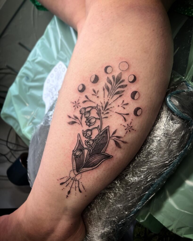 Celestial Lily of the Valley Tattoo with Moon Phases Tattoo Design