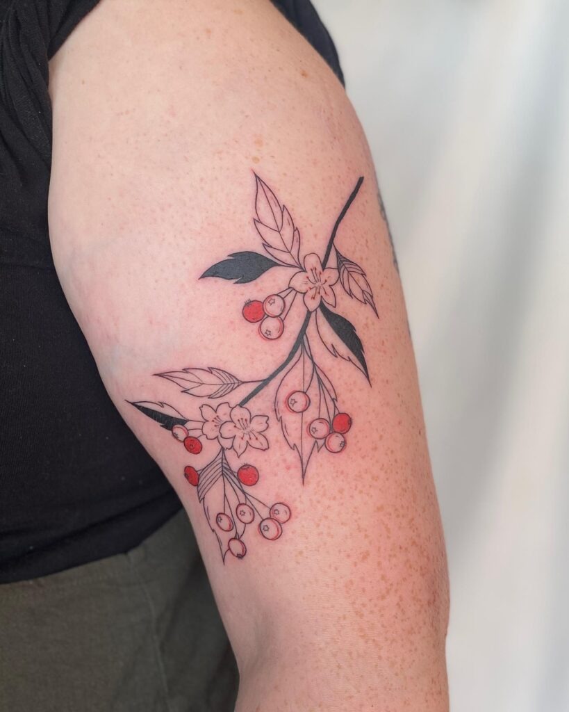 Colorful Hawthorn Blossom and Berry Tattoo Tattoo Design