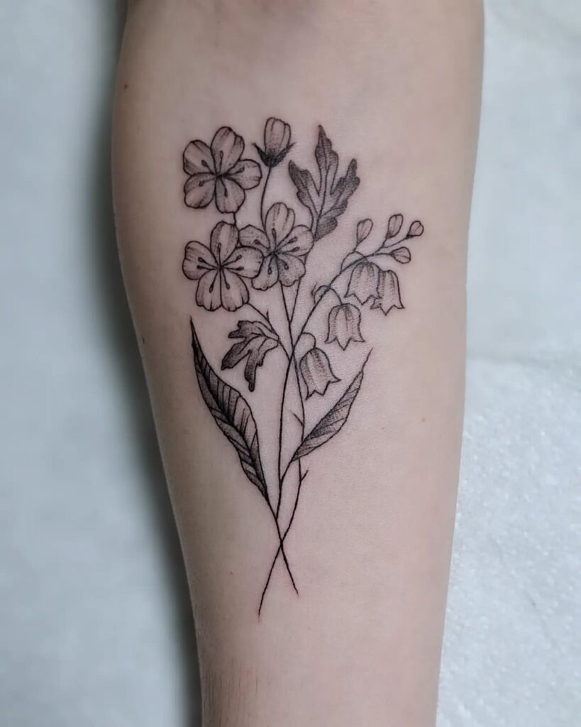 May Birth Flower Bouquet Tattoo in Fine Line Style Tattoo Design