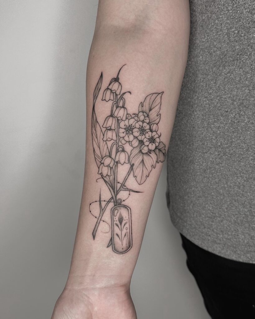 May Birth Flowers Tattoo with Memorial Tag Tattoo Design