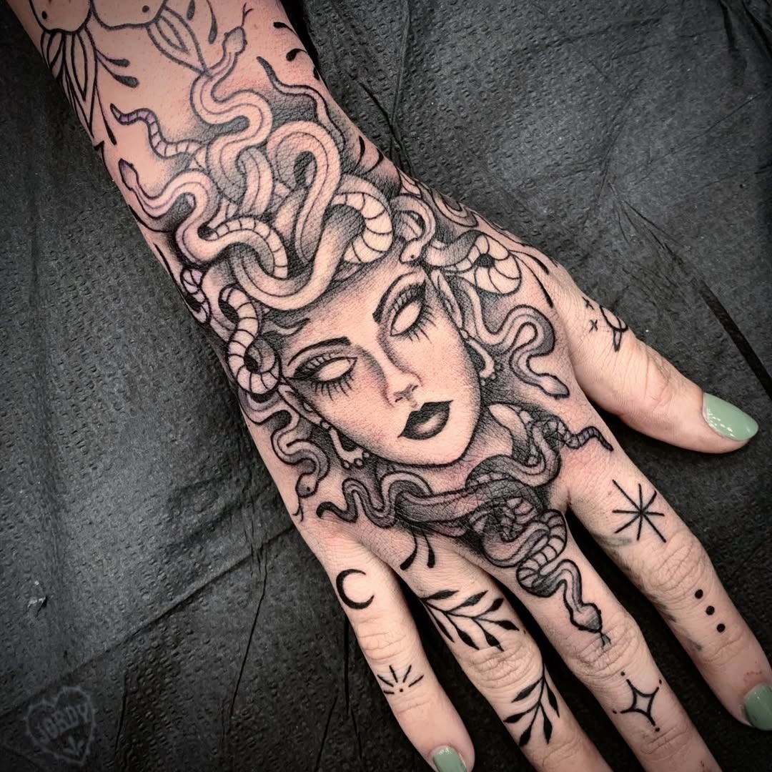 Elegant Medusa Tattoo with Intricate Snake Details Tattoo Design