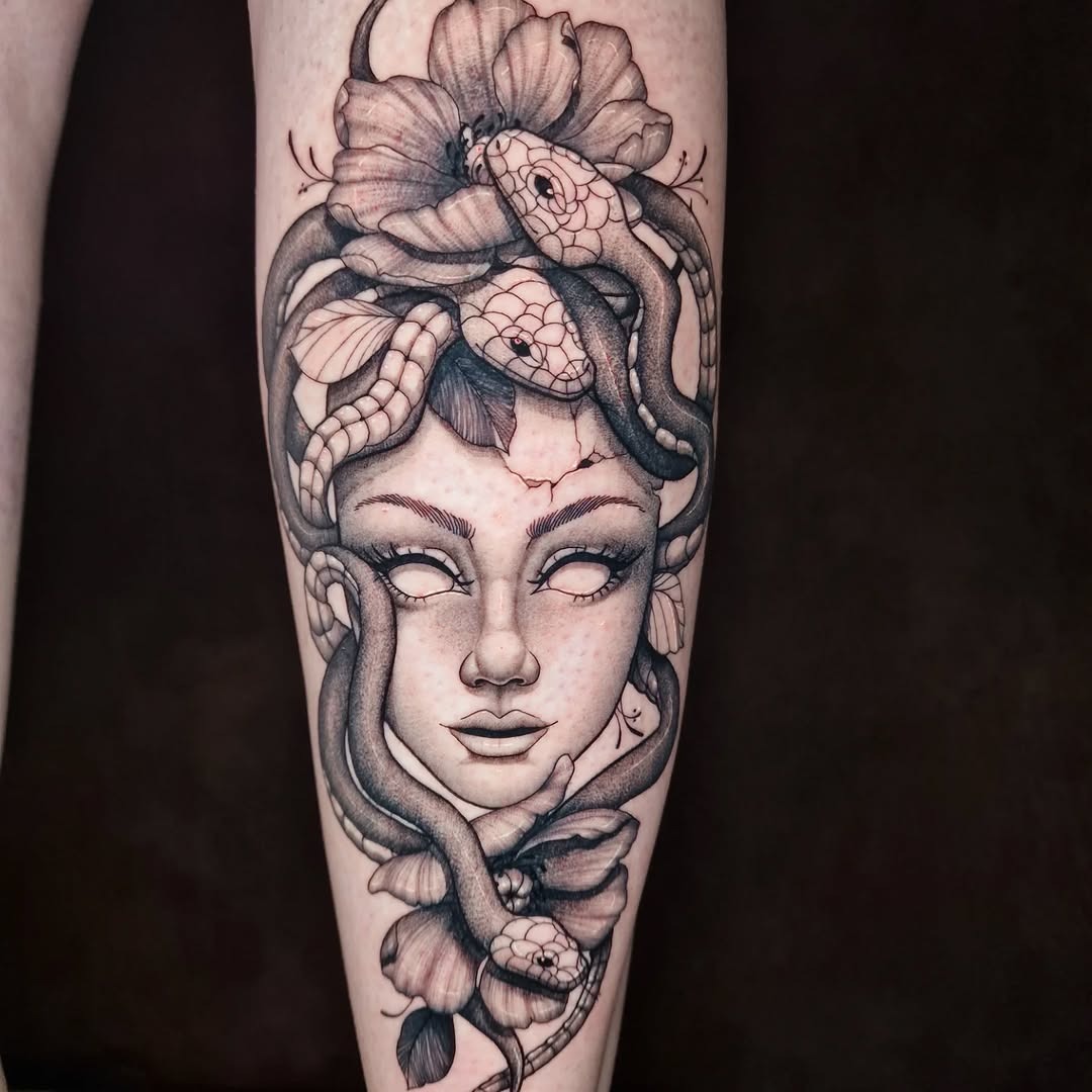 Intricate Medusa Tattoo with Floral Elements Tattoo Design