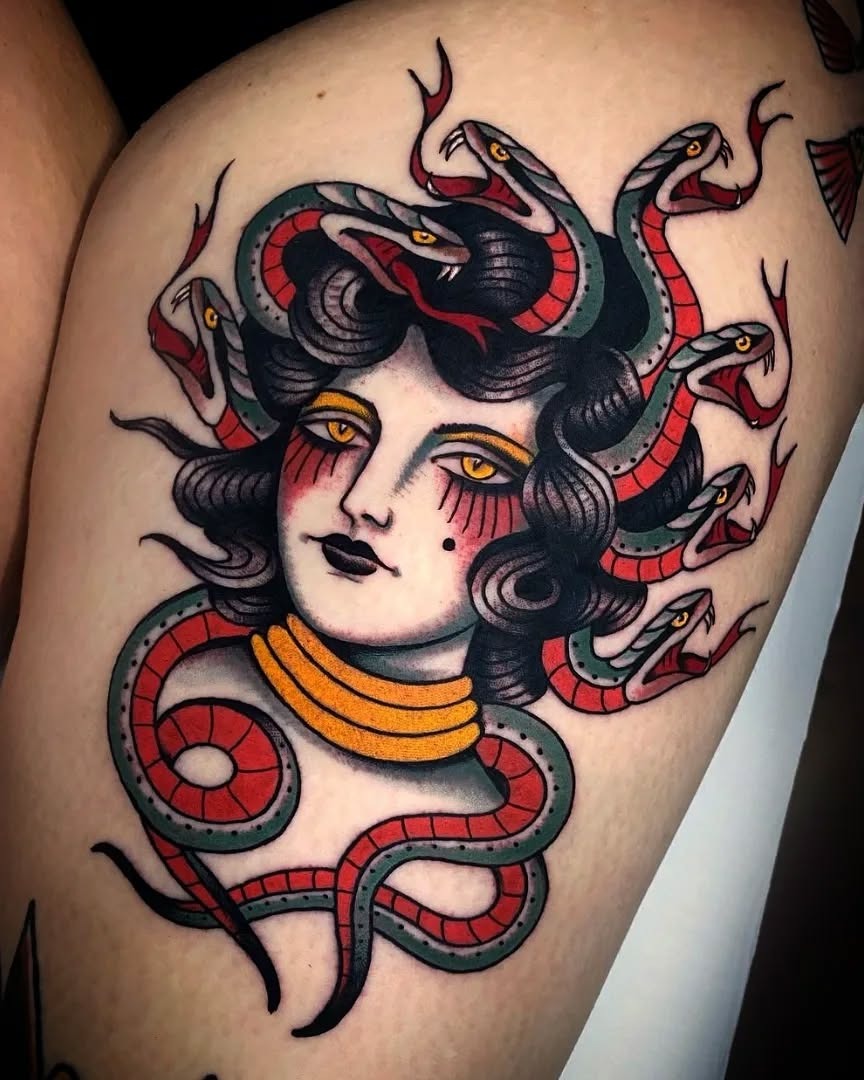 Striking Medusa Tattoo with Colorful Snakes Tattoo Design